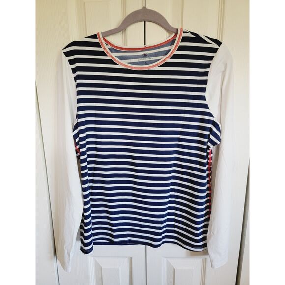 Lands End L Women's Long Sleeve Blue White Red Striped Pullover Top Size Stretch - Picture 1 of 7